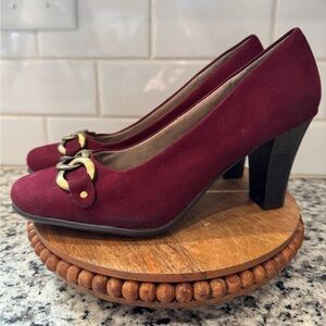 AEROSOLES Burgundy Suede Heels with Brass Buckle